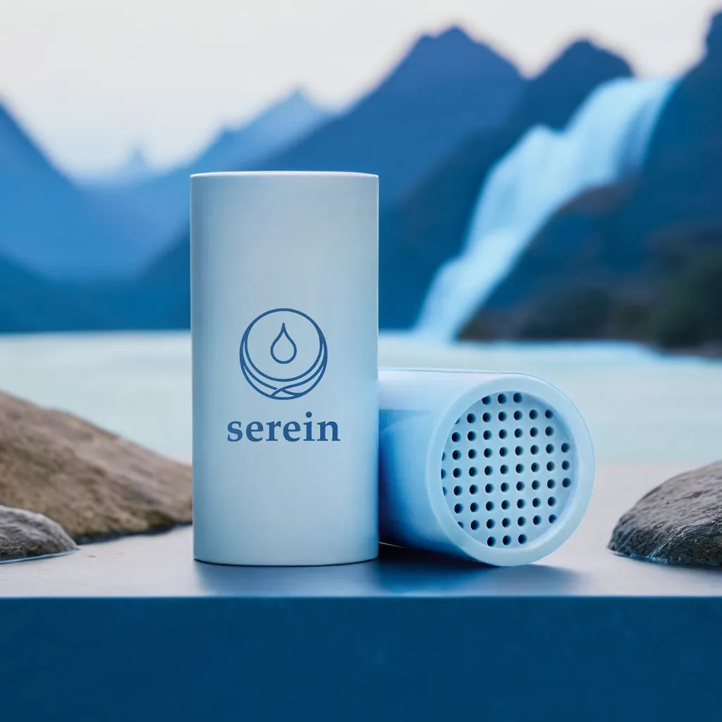 Two cylindrical devices labeled 'serein' with a waterfall and mountains in the background.